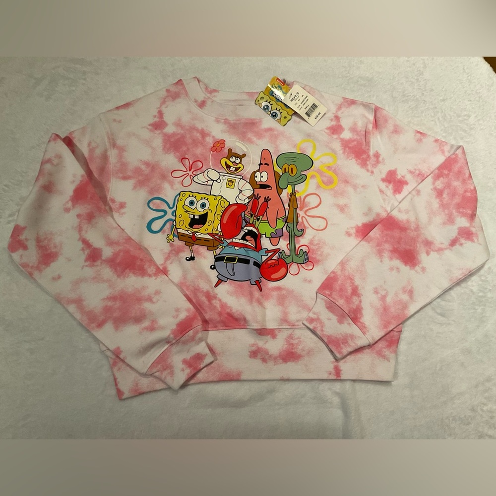 SpongeBob SquarePants Juniors Pink Cloud Tie-Dyed Cropped Sweatshirt Size Large